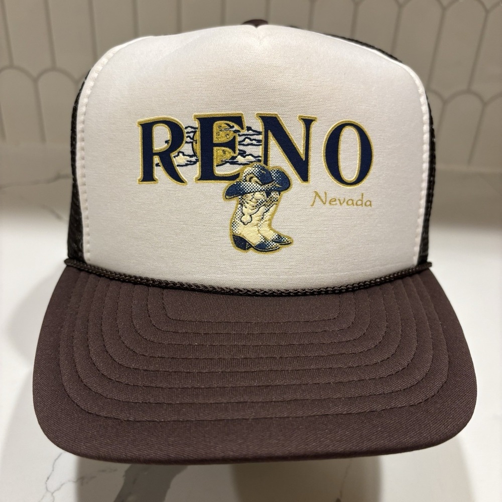 Vintage Nissin Reno Nevada Trucker Hat Brown Western Rope Foam Mesh Cap 80s-90s